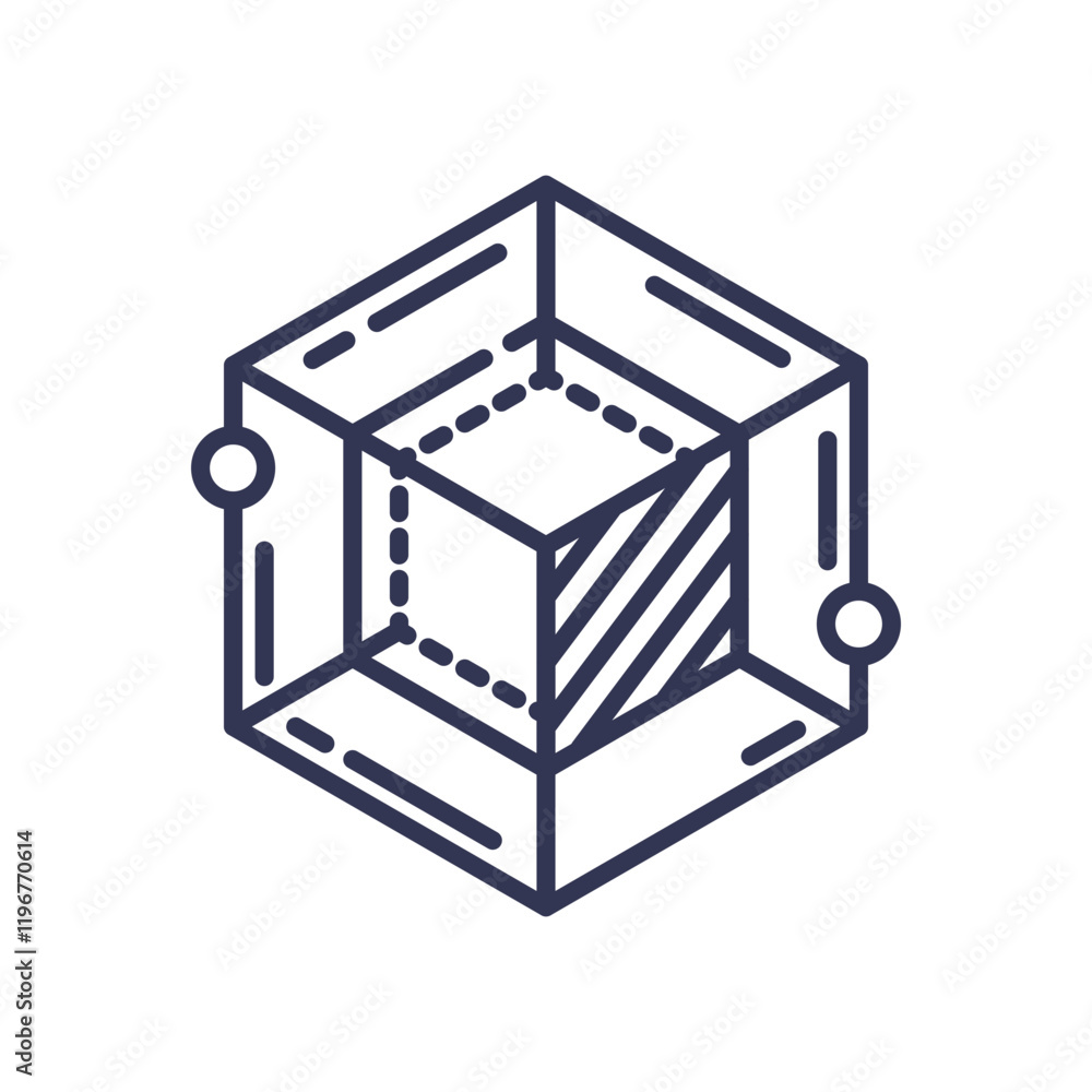 Poster geometric cube with lines and circles, symbolizing multidimensional quantum potential.