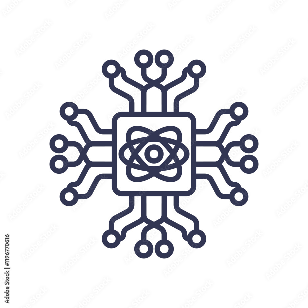 Poster quantum chip with atomic symbol, representing advanced computing.