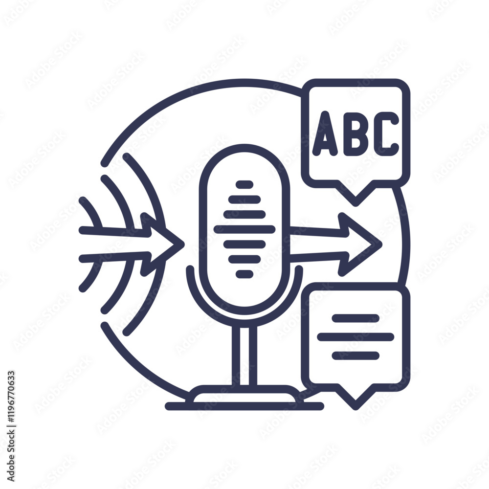 Poster microphone with sound waves and text bubbles symbolizes real-time voice-to-text conversion.