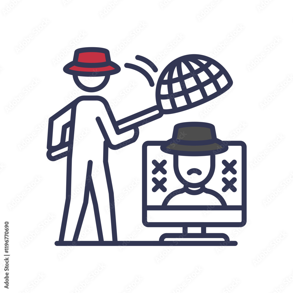 Poster a figure with a red hat uses a net to catch a hacker on a screen, symbolizing vigilante hacking.