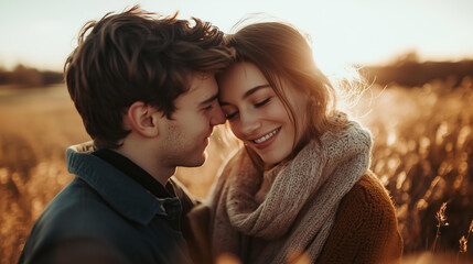 Fototapeta premium romantic outdoor portrait of a couple, young man with tousled brown hair wearing a scarf and jacket, young woman with long dark brown hair in a cozy knit sweater, soft golden hour lighting 