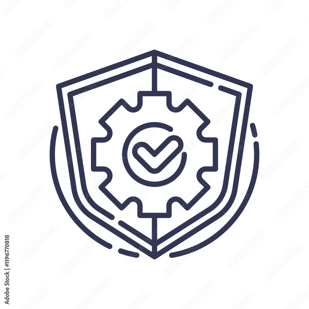 Poster shield and gear with checkmark symbolize security and reliability.