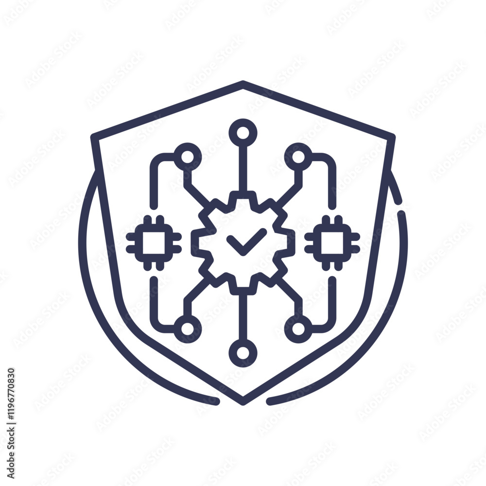 Poster shield with circuit and checkmark symbolizes cybersecurity and system protection.