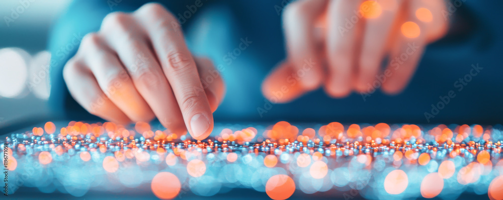 Poster close-up of hands interacting with vibrant digital interface elements.