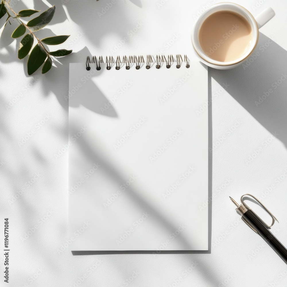 Aufkleber space for creative ideas with blank notepad coffee and pen on clean surface. generative ai