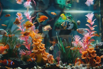 A vibrant underwater scene with many species of tropical fish swimming among corals and plants.