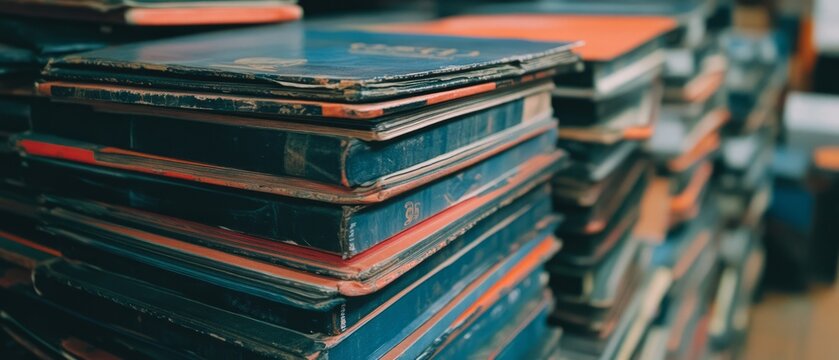 Stacks of graduation yearbooks showcasing memories and achievements from different years in school