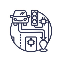 Illustration of car, traffic light, and GPS pin symbolizing traffic and route optimization.