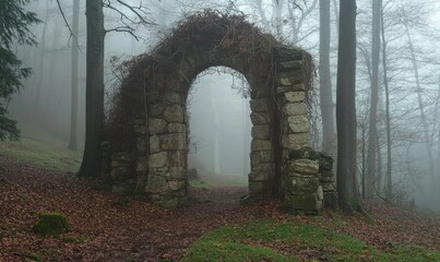 Obraz premium Ancient Stone Gateway Overgrown with Vines in a Foggy Forest
