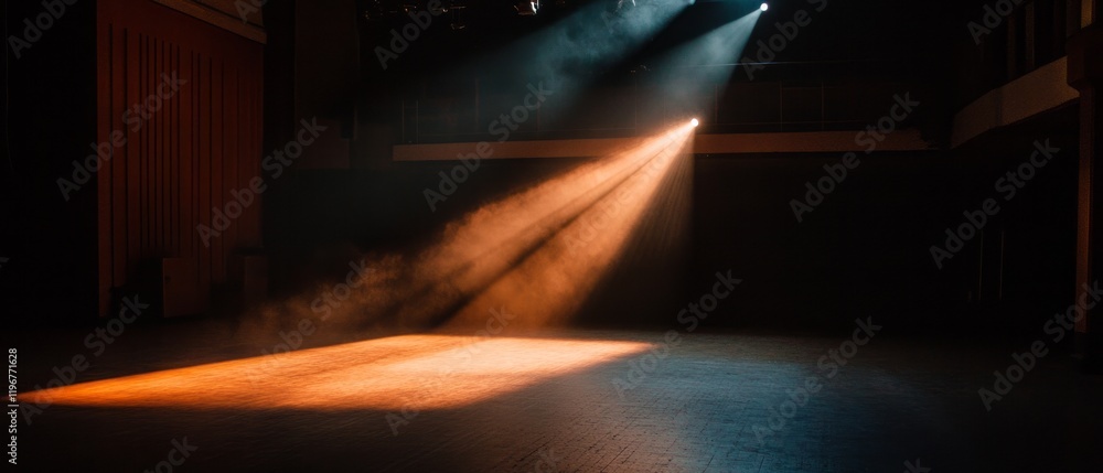 Poster spotlight illuminating an empty stage creating an atmosphere of anticipation and drama