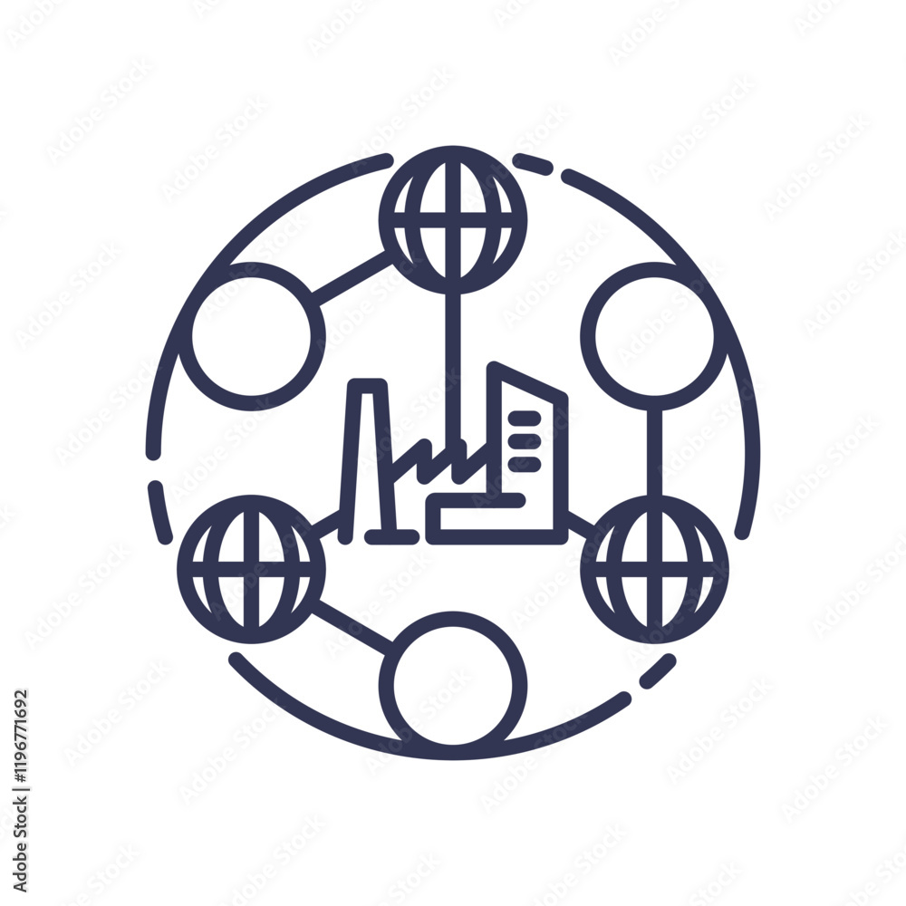 Aufkleber global network and factory symbolize interconnected supply chain systems.