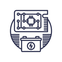 Circuit board and battery symbolize energy and technology integration.