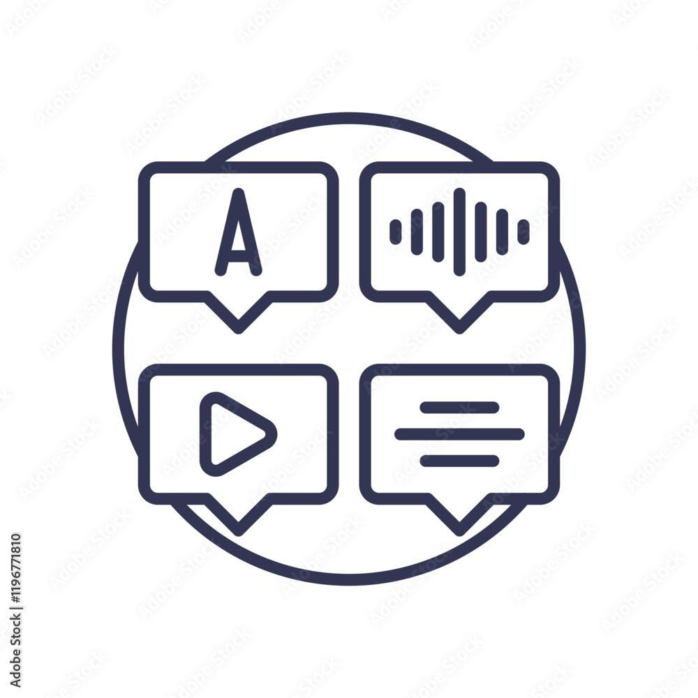 Poster icons of text, audio, video, and data in a circle symbolize versatile access to multimedia content.