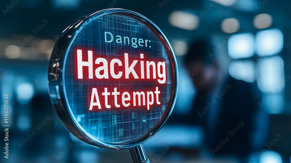 Poster cyber security warning: a close-up view of a magnifying glass revealing the alarming words 