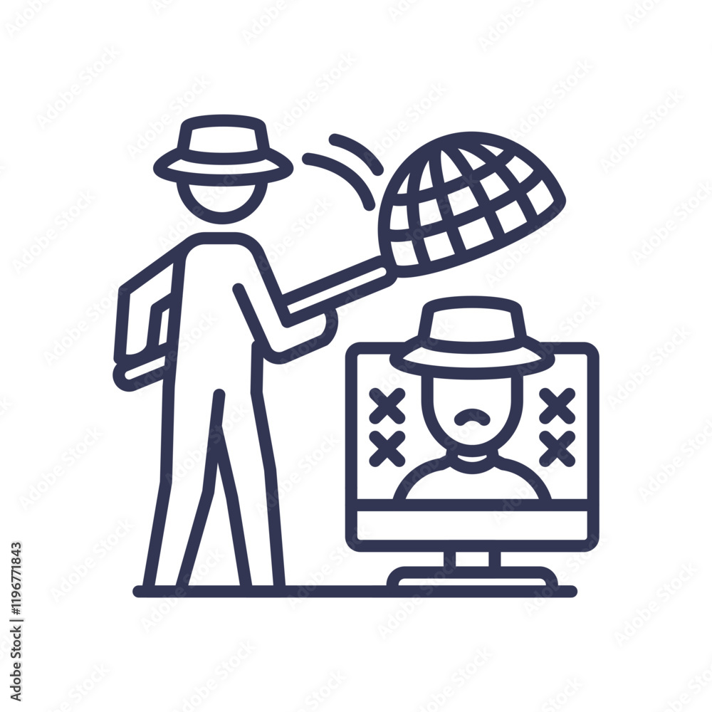 Poster illustration of a vigilante hacker catching a cybercriminal with a net.