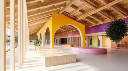 Modern Interior Design with Colorful Arches and Minimalist Furniture