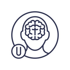 Outline of a head with a brain and 'U' symbol, symbolizing understanding and clarity.