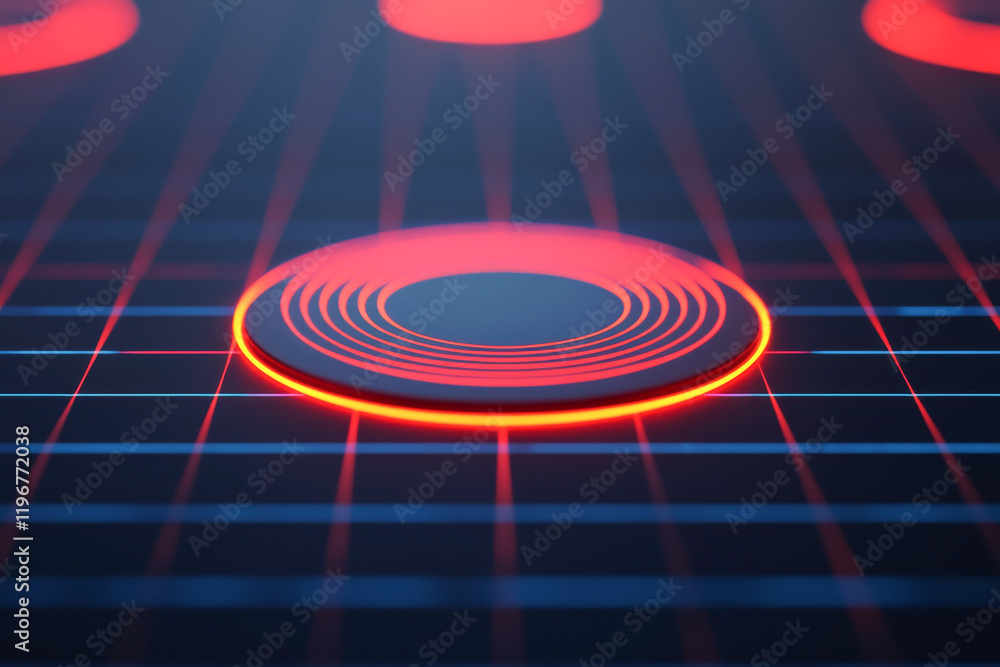 Poster futuristic digital interface with glowing circles and grid background.