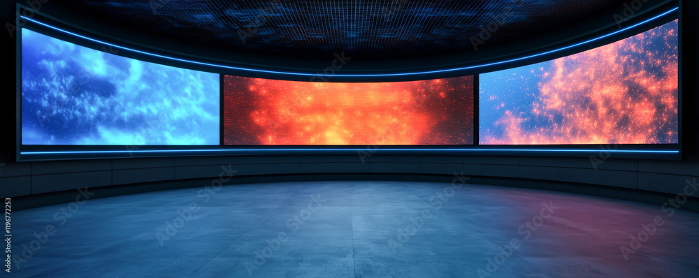 Poster futuristic room with large screens displaying vibrant imagery and a sleek design.