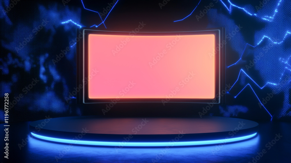 Poster futuristic studio with neon lights and a large blank screen for presentations or displays.