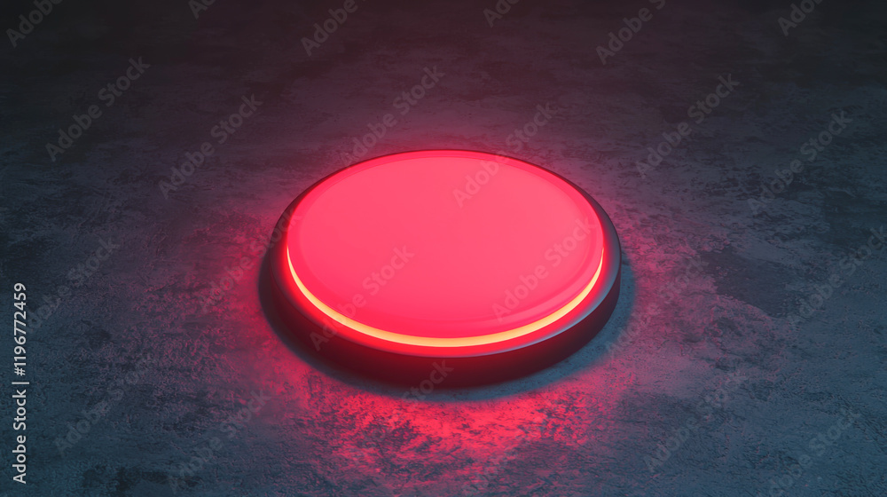 Poster illuminated red button with a sleek design on a textured surface.