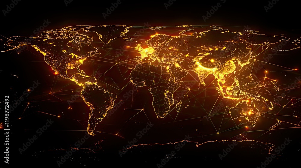 Poster a glowing world map with connecting lines representing global networks.