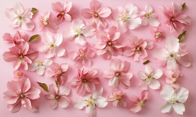 Fototapeta premium Beautiful cherry blossom flowers arranged on a soft pink background for artistic display