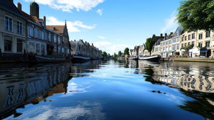 Naklejka premium Serene canal view reflecting buildings and sky in a tranquil setting.