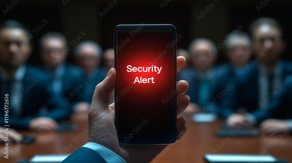 Poster security alert: a hand holds up a smartphone displaying a red security alert notification, creating 