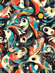 Fototapeta premium Vibrant parrots on a starry background with various shapes.