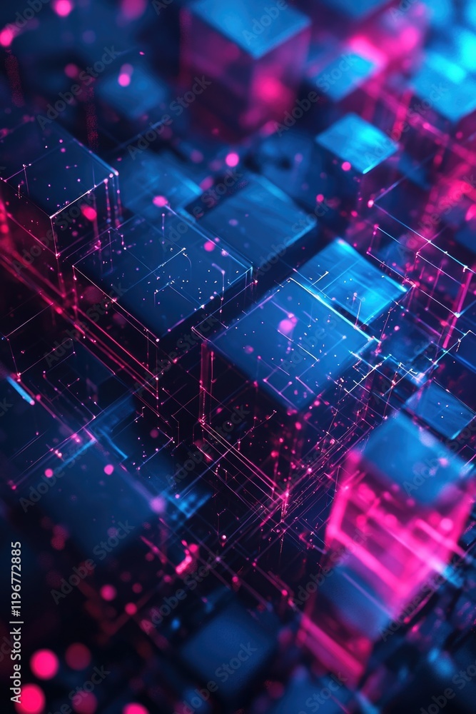 Aufkleber 3d rendering of digital cubes with circuitry, glowing particles and vivid colors.