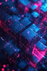 3D rendering of digital cubes with circuitry, glowing particles and vivid colors.