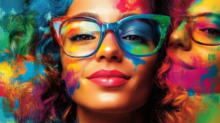 Fototapeta premium Colorful painted woman, glasses, vibrant hair.