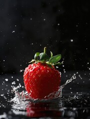 A vibrant red strawberry splashing in a puddle of water, close up shot emphasizing freshness and juiciness.