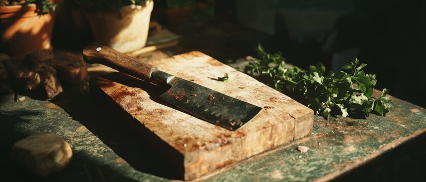 Still life highlighting the craftsmanship and tradition of butchery with a cleaver and wooden block - Powered by Adobe