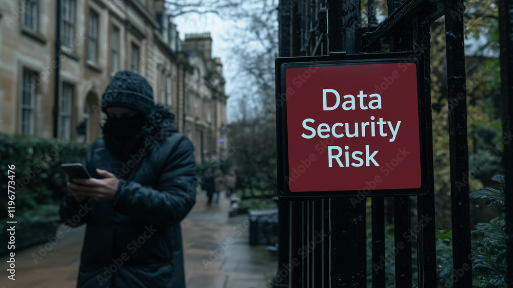 Poster data security risk awareness: a person uses a smartphone in front of a sign that warns of data secur