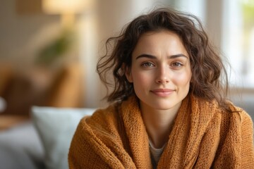 young woman with dark hair looks at the camera. the thoughtful look of a business woman at a psychologist's appointment or at business negotiations, casual clothes, portrait.