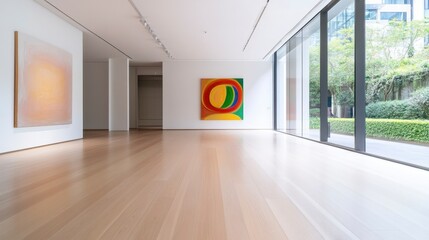 Modern Art Gallery Interior with Large Windows and Bright Artwork