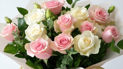 A close-up of a romantic rose bouquet with delicate pink and white roses, arranged with soft greenery and a satin ribbon.