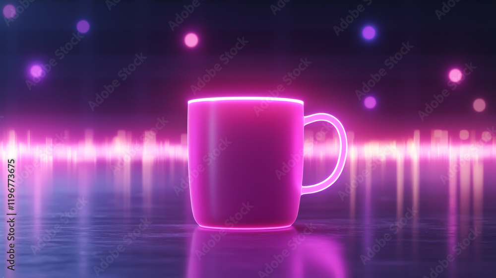 Poster vibrant neon pink mug against a dynamic colorful background with glowing patterns.