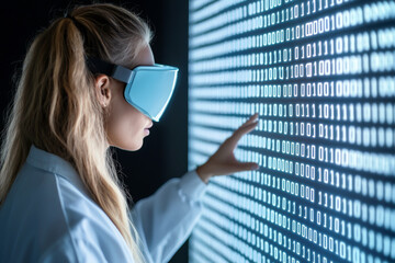 Young woman in VR headset interacting with a digital binary code interface.