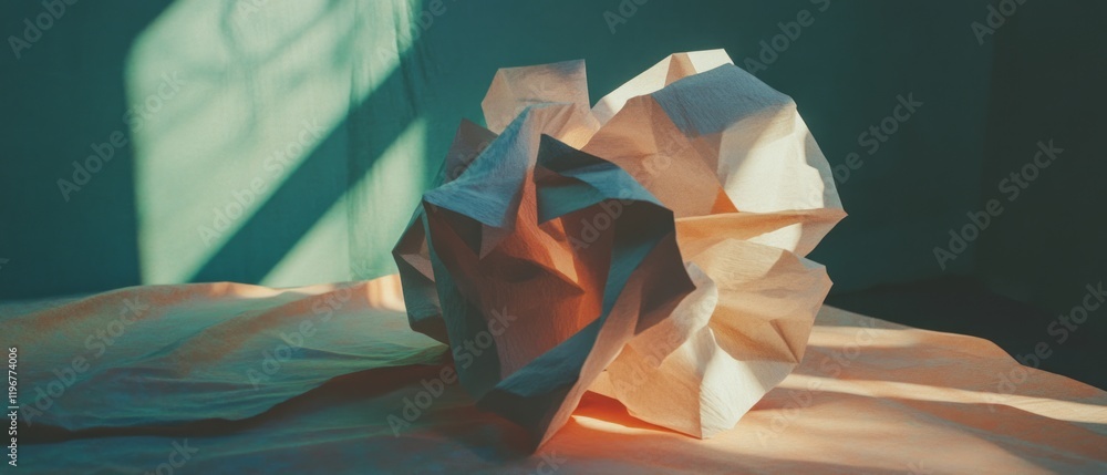 Poster exploring the artistic potential of paper sculpture in a soft-lit environment
