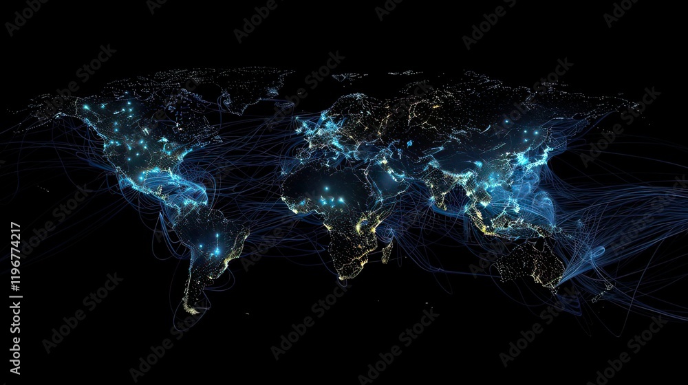 Poster a glowing world map with connecting lines representing global networks.