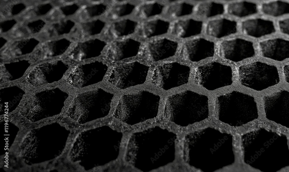 Poster close up of textured black honeycomb pattern, showcasing depth and detail
