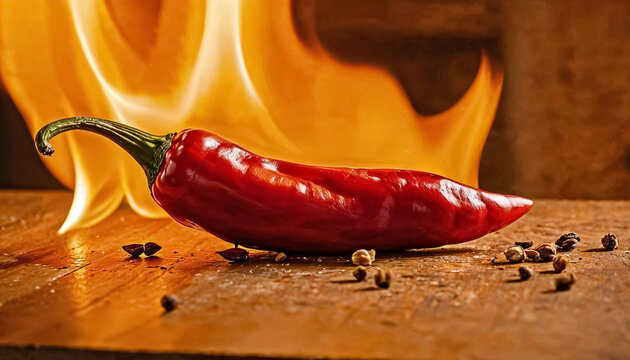 A dramatic close-up of a flaming chili pepper, its fiery glow illuminating a rustic kitche | International Hot and Spicy Food Day - Powered by Adobe