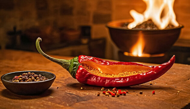 A dramatic close-up of a flaming chili pepper, its fiery glow illuminating a rustic kitche | International Hot and Spicy Food Day