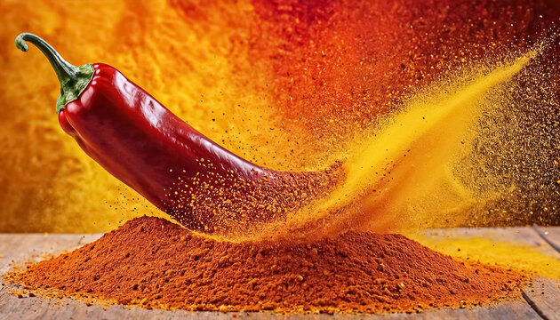An artistic depiction of a chili pepper explosion, with colorful powders | International Hot and Spicy Food Day