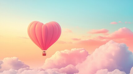 Naklejka premium A colorful illustration of a heart-shaped hot air balloon soaring above a dreamy landscape with soft clouds for Valentine's Day.