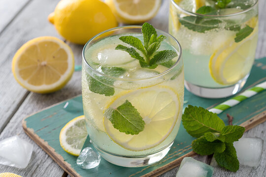 Chilled lemonade drink served in a glass with lemon slices, mint leaves, and ice cubes, evoking a refreshing and summery atmosphere, healthy beverage options and vibrant freshness