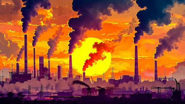 Industrial skyline orange sunset.Factories emitting smoke evening sky.Pollution visible city outskirts.Environmental impact shown bold colors.Ecological issues layer horizon.hues highlight emissions.